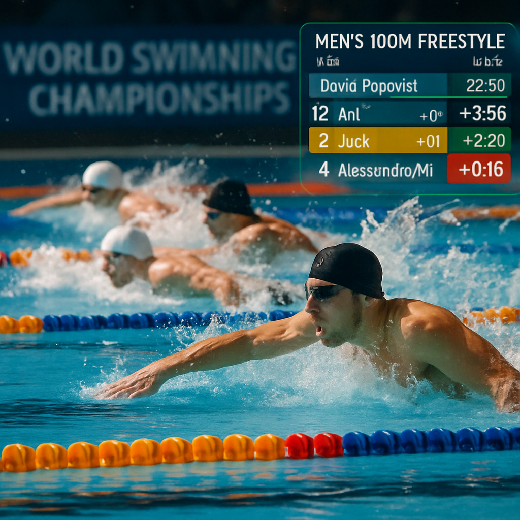 A close-up shot of swimmers intense facial expressions during a race, capturing their determination