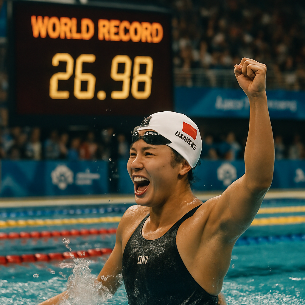 Liu Xiang celebrating her world record in the 50m backstroke at the Asian Games