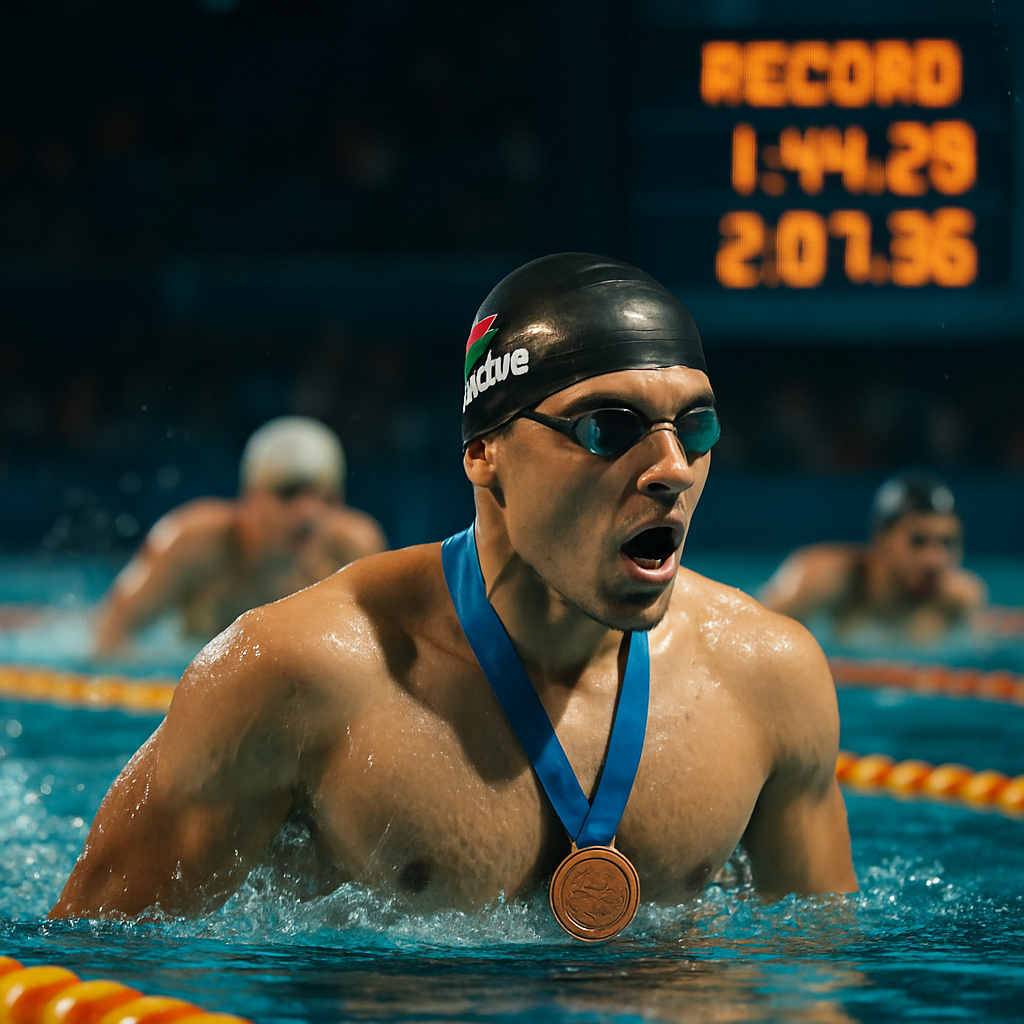 A poolside perspective capturing swimmers about to dive in, conveying the anticipation and determination