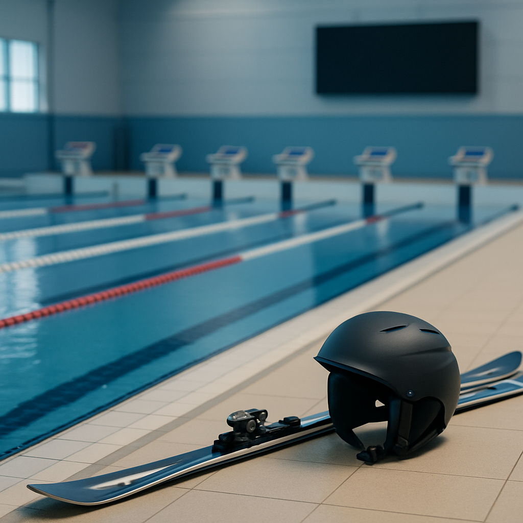 An empty indoor swimming pool with ski equipment beside it, illustrating that ski results