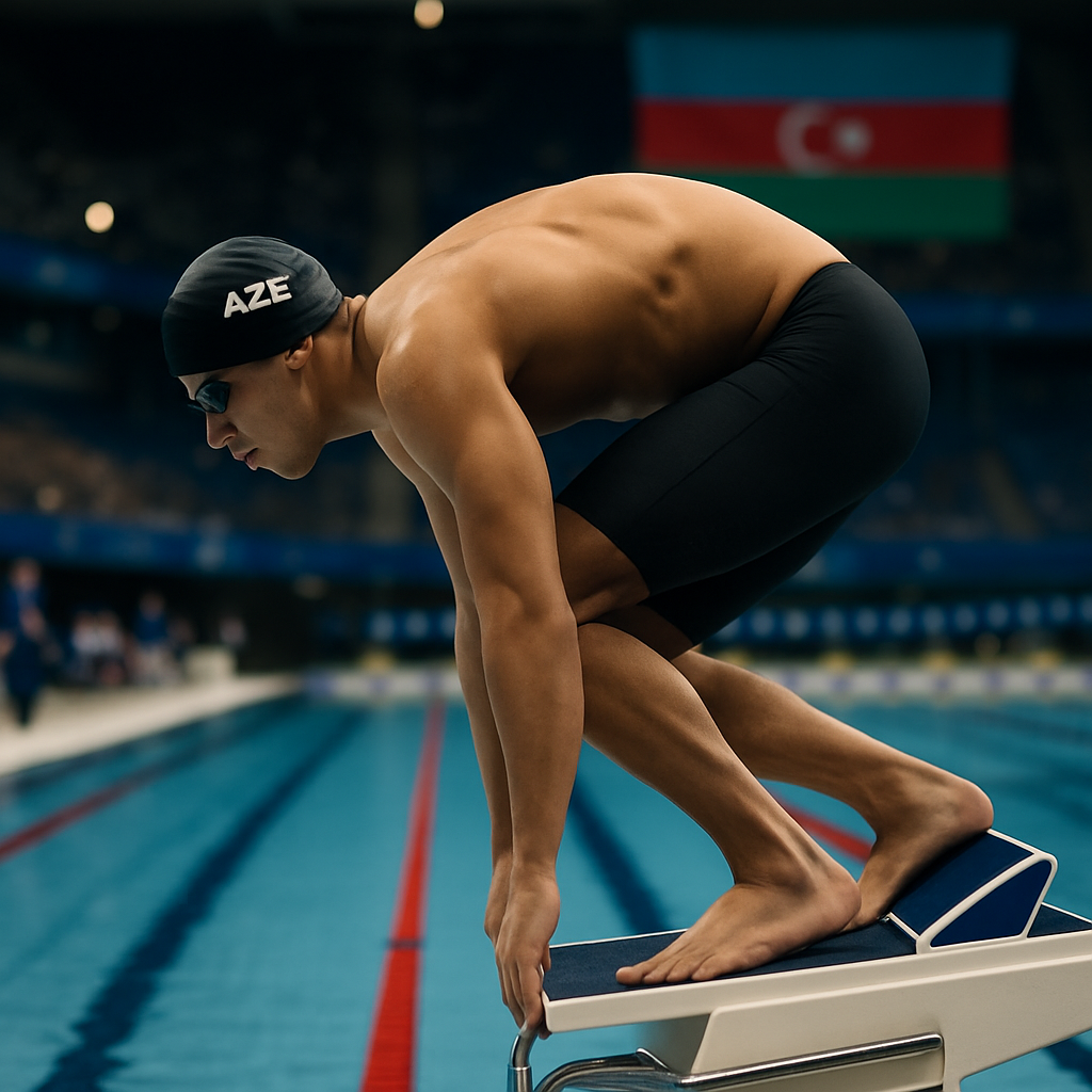 An Azerbaijani swimmer prepares to race at an international pool, symbolizing debut, progress, and