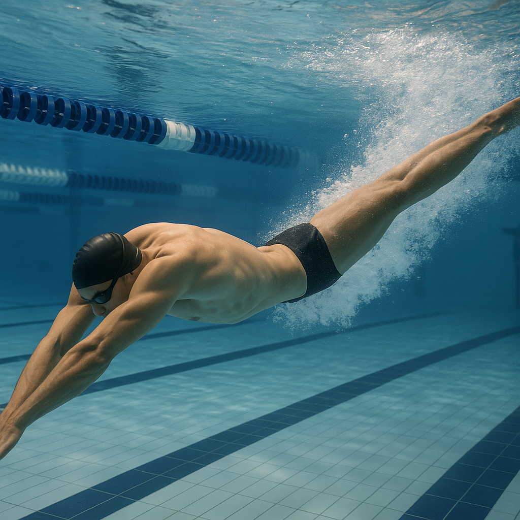 A competitive swimmer pushes off the pool wall in a streamlined underwater turn, with