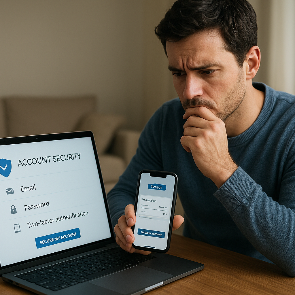 A person calmly reviews an unfamiliar account transaction, saves evidence, and checks their email