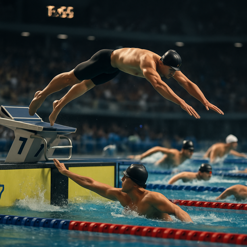 Swimmers contest a 4×100 medley relay, with a precise exchange highlighting how timing and