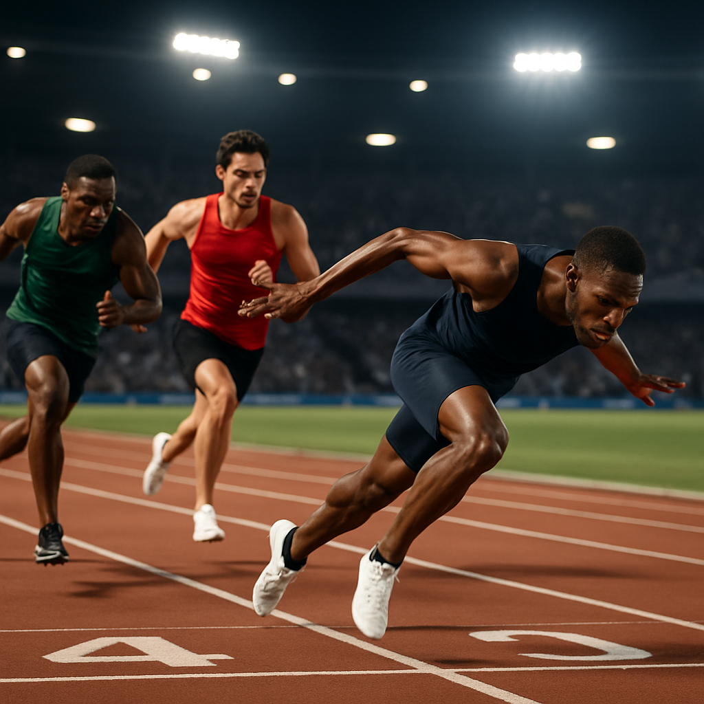Elite sprinters race toward the finish in a stadium, illustrating the start, technique, pacing,