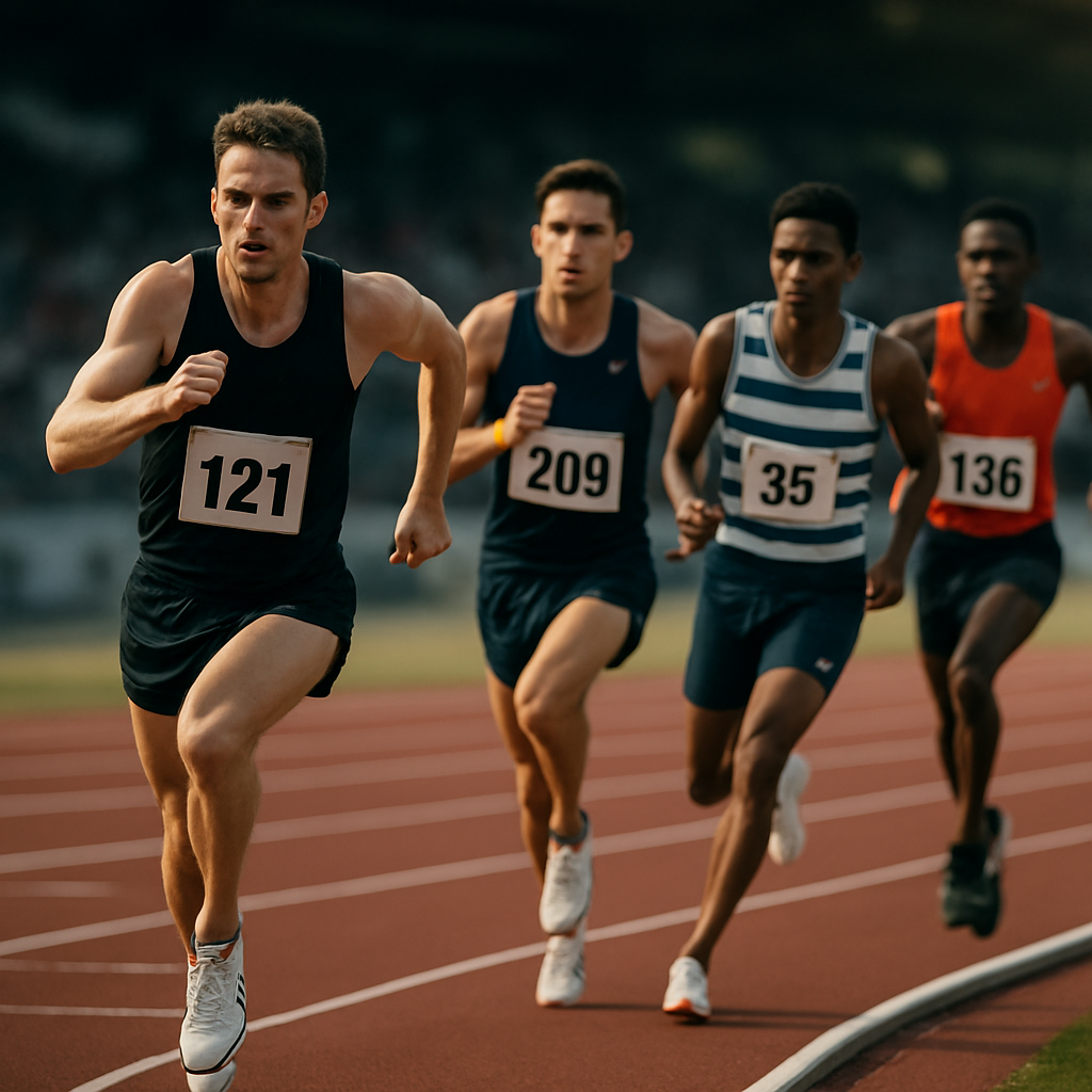 Middle-distance runners surge around the track as they battle for position near the finish.