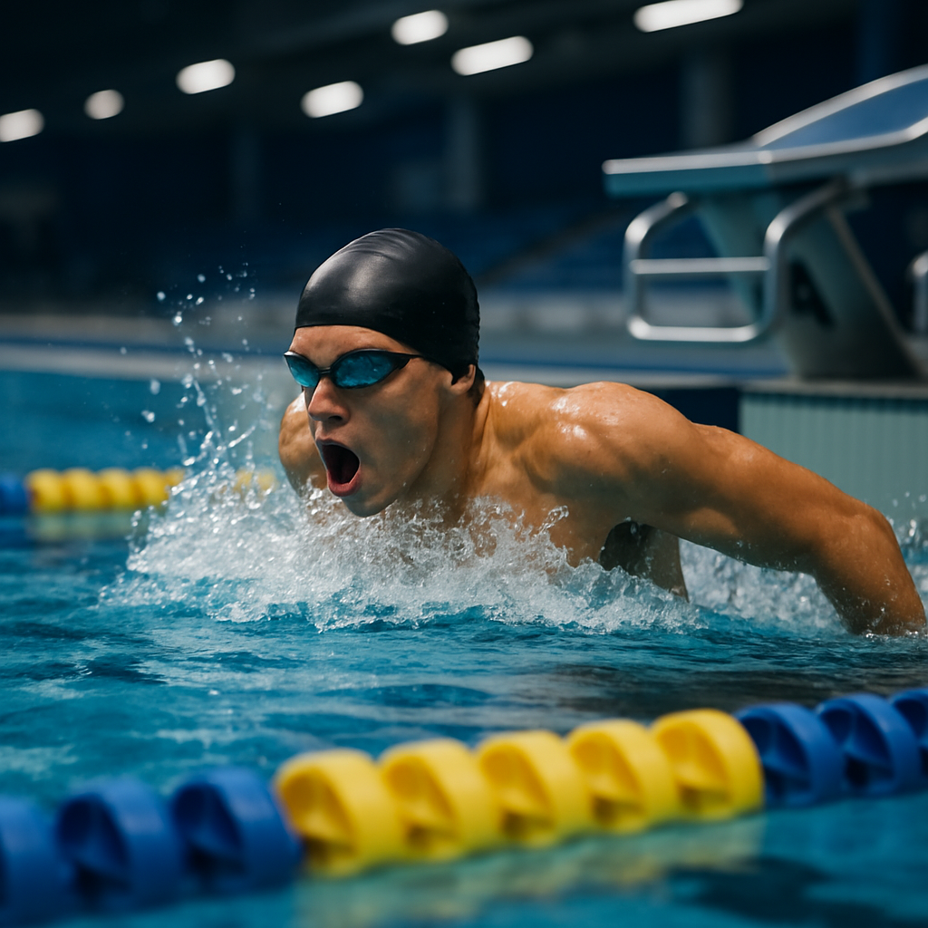 An elite swimmer races in a deep, engineered competition pool with low-turbulence lane ropes