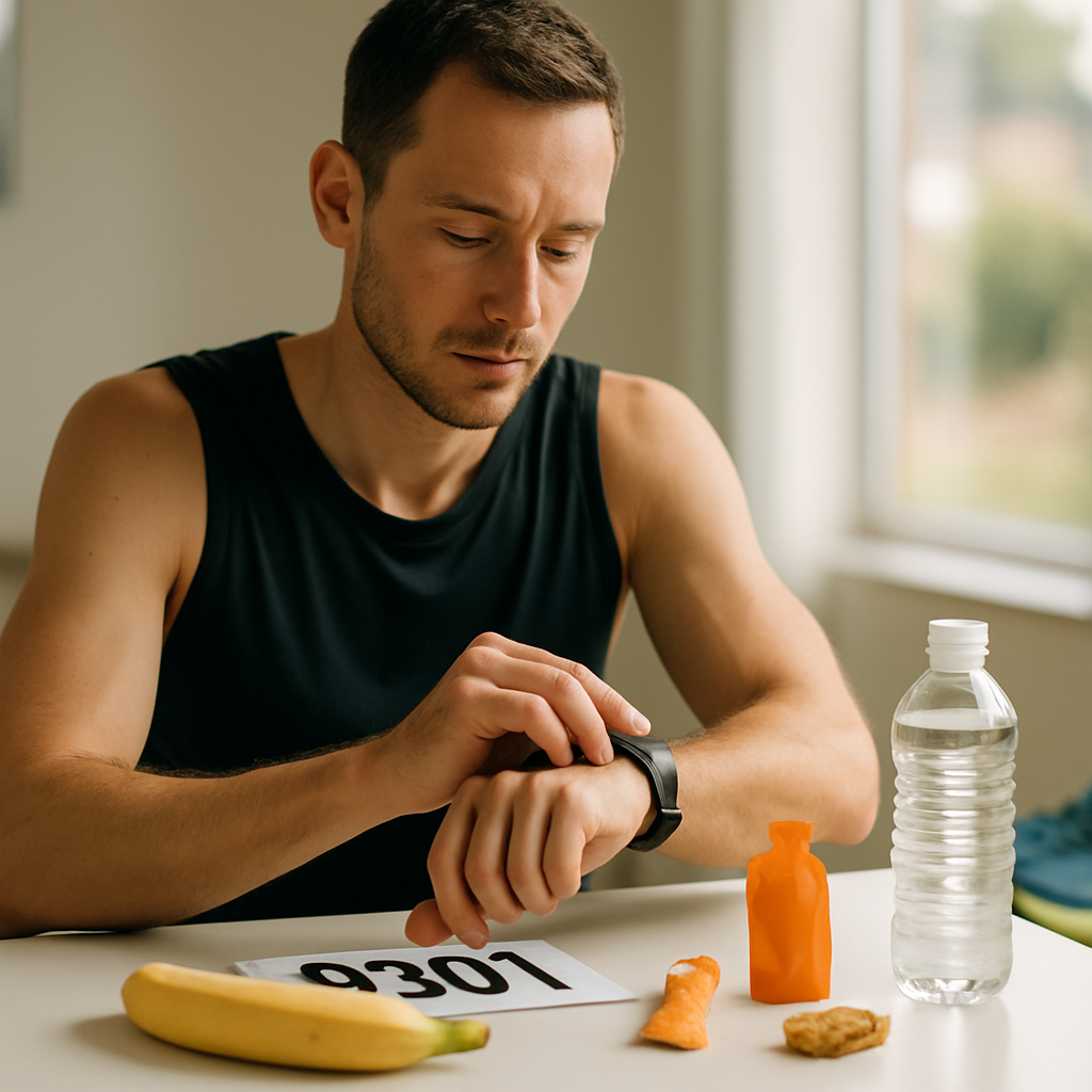 A runner prepares for race day with a watch, banana, energy gel, measured water,