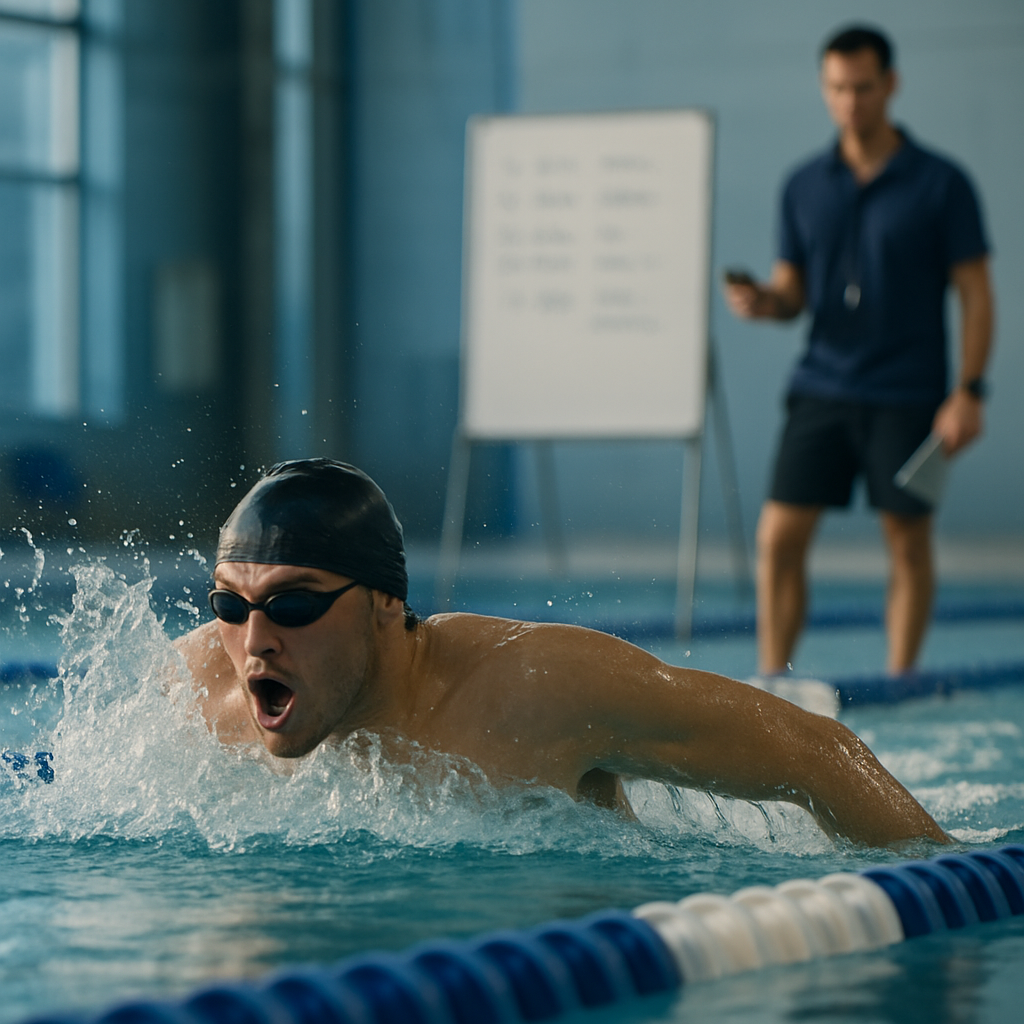 An elite swimmer races through a pool while a coach tracks intervals from the
