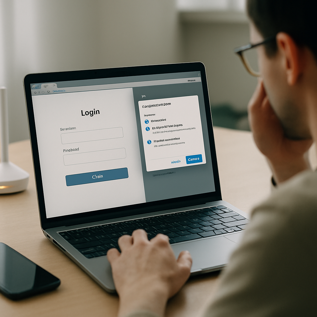 A person checks browser settings and a Wi‑Fi router while troubleshooting a login issue
